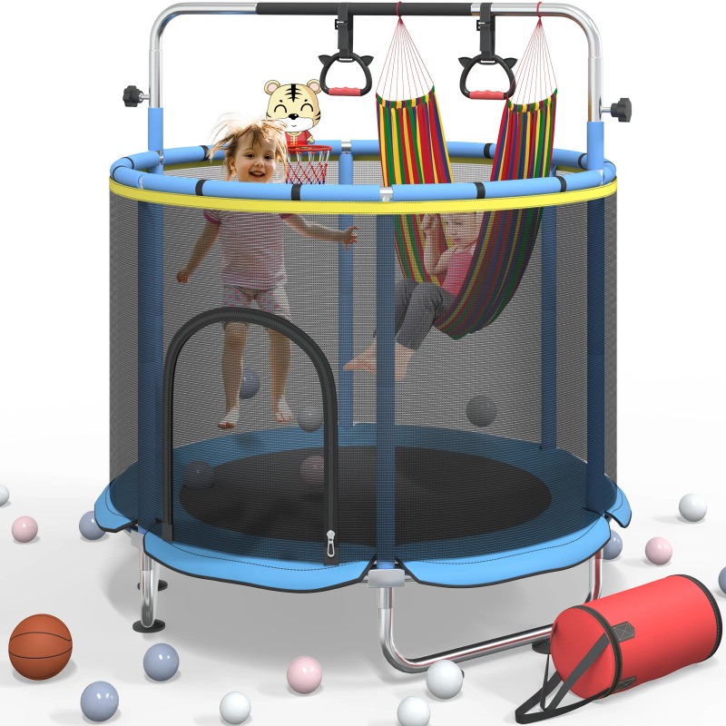 Kids Indoor Outdoor Trampoline - แทรมโพลีนเด็กเล็ก 5 ฟุต 8-in-1 แทรมโพลีนมินิสำหรับเด็ก พร้อมห่วงบาสเก็ตบอล