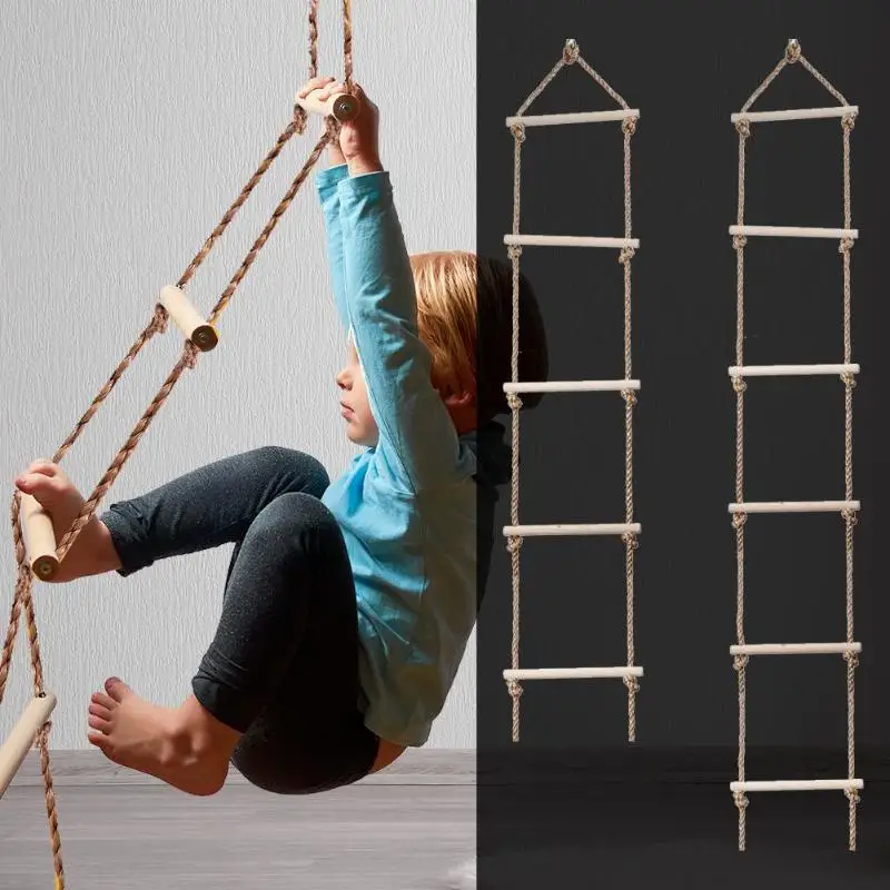 Kids Outdoor Climbing Equipment - บันไดไม้สำหรับเด็กสำหรับกิจกรรมกลางแจ้งใช้เชือกแกว่งสายรัดนิรภัยปลอดภัยบันไดไม้หลายขั้นปีนเกมปีนเขาสวนกีฬาปีนเขา