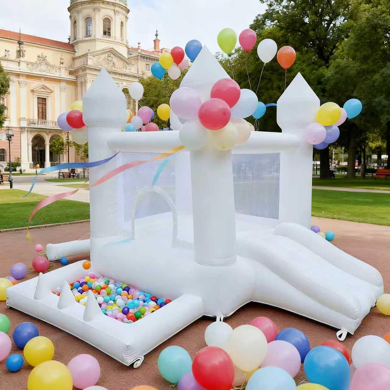 Kids Outdoor House With Slide - บ้านลมสีขาว, บ้านลมสำหรับใช้ในร่มและกลางแจ้ง, บ้านลมเป่าลมพร้อมบ่อบอลและสไลเดอร์, บ้านลมสำหรับเด็กทุกช่วงอายุ