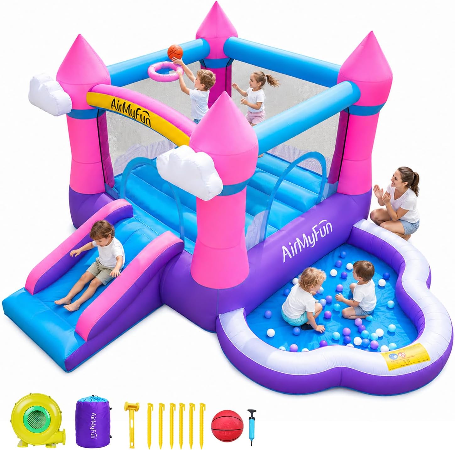 Kids Outdoor Inflatable - บ้านลมสีชมพูสำหรับเด็กอายุ 3-8 ปี ใช้ได้ทั้งในร่มและกลางแจ้ง - บ้านลมพร้อมสไลเดอร์,