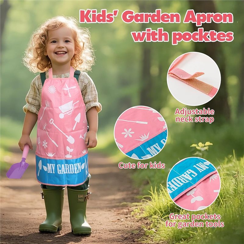 Kids Outdoor Garden Set - ชุดเครื่องมือทำสวนสีชมพูสำหรับเด็ก พร้อมคราดโลหะ พลั่ว ตะหลิว บัวรดน้ำ ถุงมือ