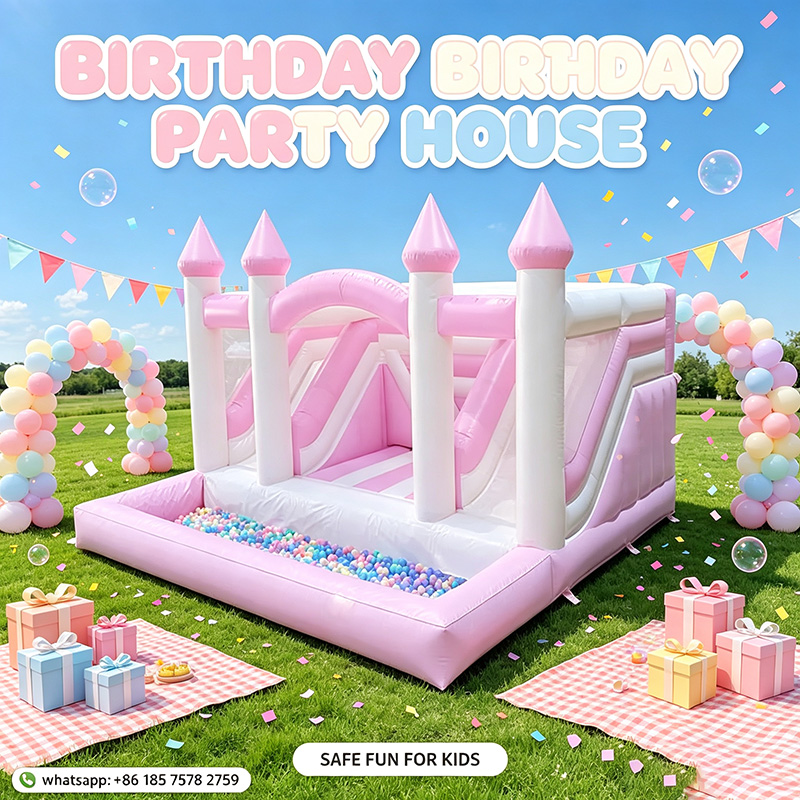 Kids Outdoor House With Slide - บ้านลมเป่าลมสีชมพูรูปปราสาทเจ้าหญิง พร้อมสไลเดอร์และบ่อบอลสำหรับเด็ก เหมาะสำหรับงานปาร์ตี้กลางแจ้ง