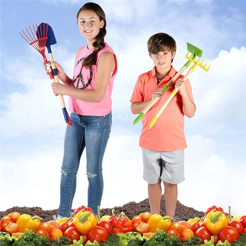 Kids Outdoor Garden Set - B05C-ชุดเครื่องมือทำสวนสำหรับเด็ก 4 ชิ้น-คราดใบไม้ไม้, จอบ, คราด, พลั่ว