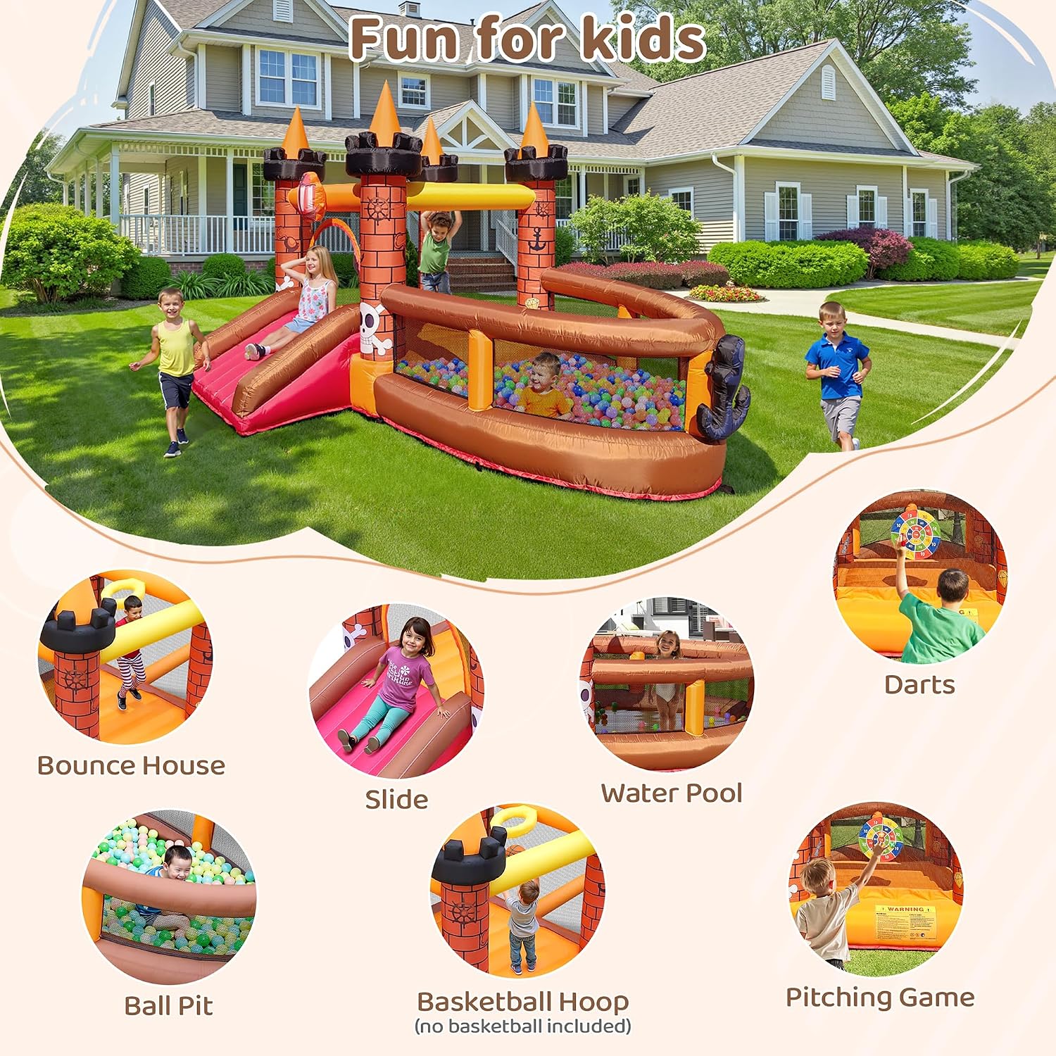 บ้านลมเป่าลมสำหรับเด็กอายุ 3-8 - Kids Outdoor House With Slide บทวิจารณ์และราคา