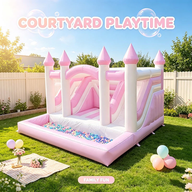 บ้านลมเป่าลมสีชมพูรูปปราสาทเจ้ - Kids Outdoor House With Slide บทวิจารณ์และราคา